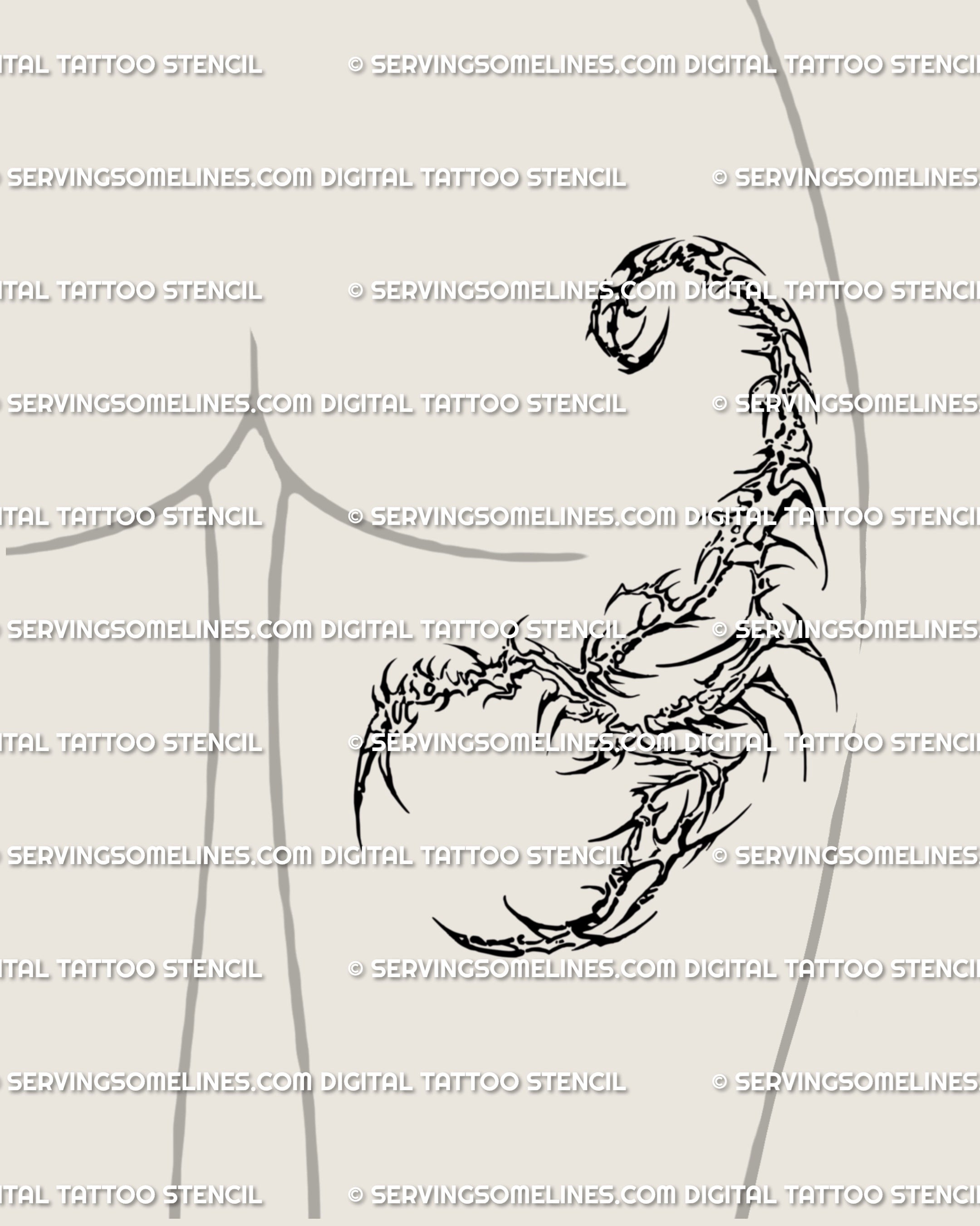 Tribal scorpion tattoo reimagined for gothic alt style, placed on back of the thigh, blending defensive symbolism with abstract ornamental line art.