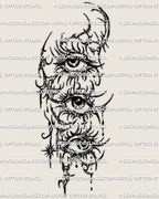 Triple eye tattoo stencil printable download, vertical three-eye composition with sigil linework and bold starburst details.