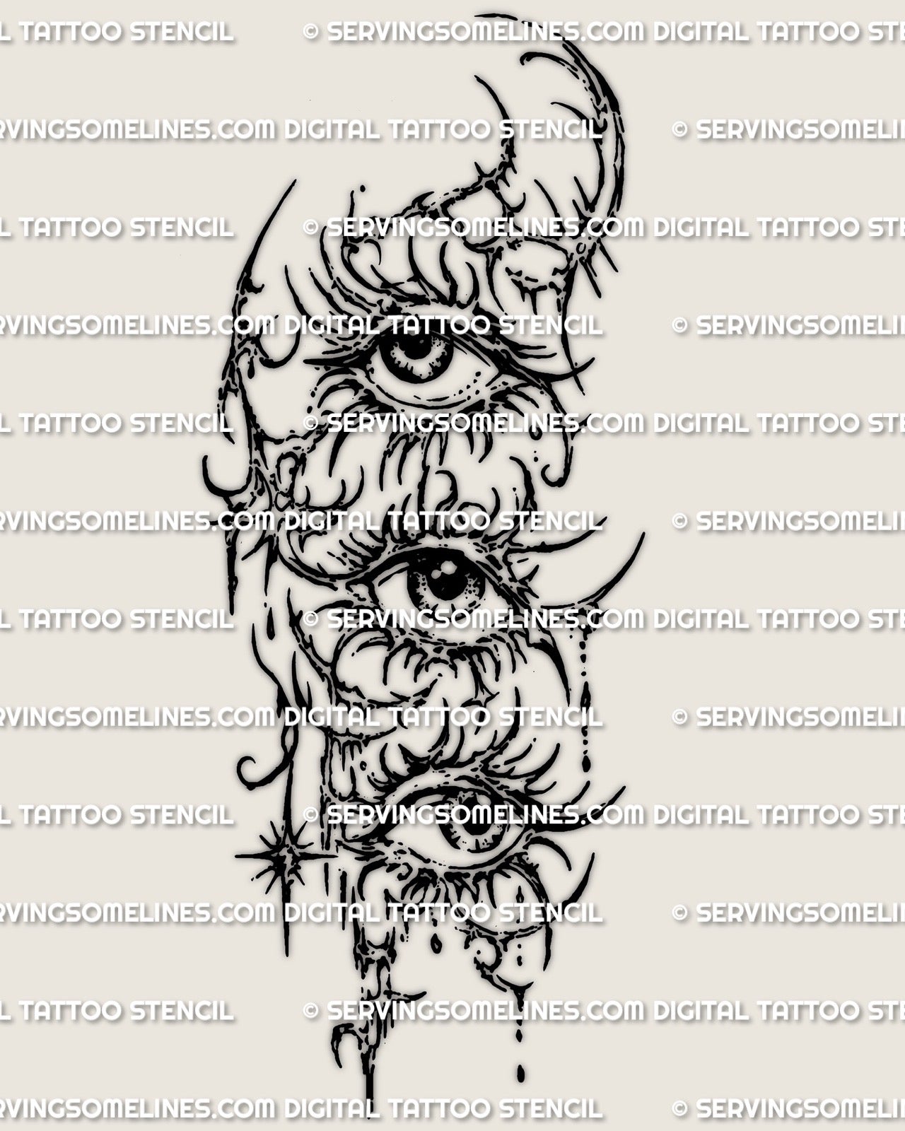 Triple eye tattoo stencil printable download, vertical three-eye composition with sigil linework and bold starburst details.