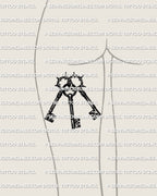 Triple key tattoo stencil displayed on back of thigh placement example, interlocking keys tattoo with spiked ring circles.