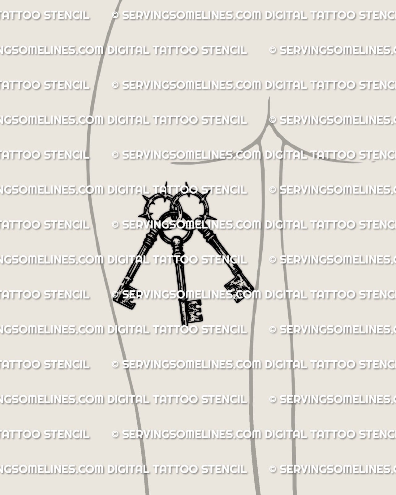 Triple key tattoo stencil displayed on back of thigh placement example, interlocking keys tattoo with spiked ring circles.