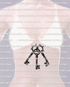 Three keys tattoo stencil displayed on womens stomach placement example, interlocking keys tattoo with barbed ring circles.