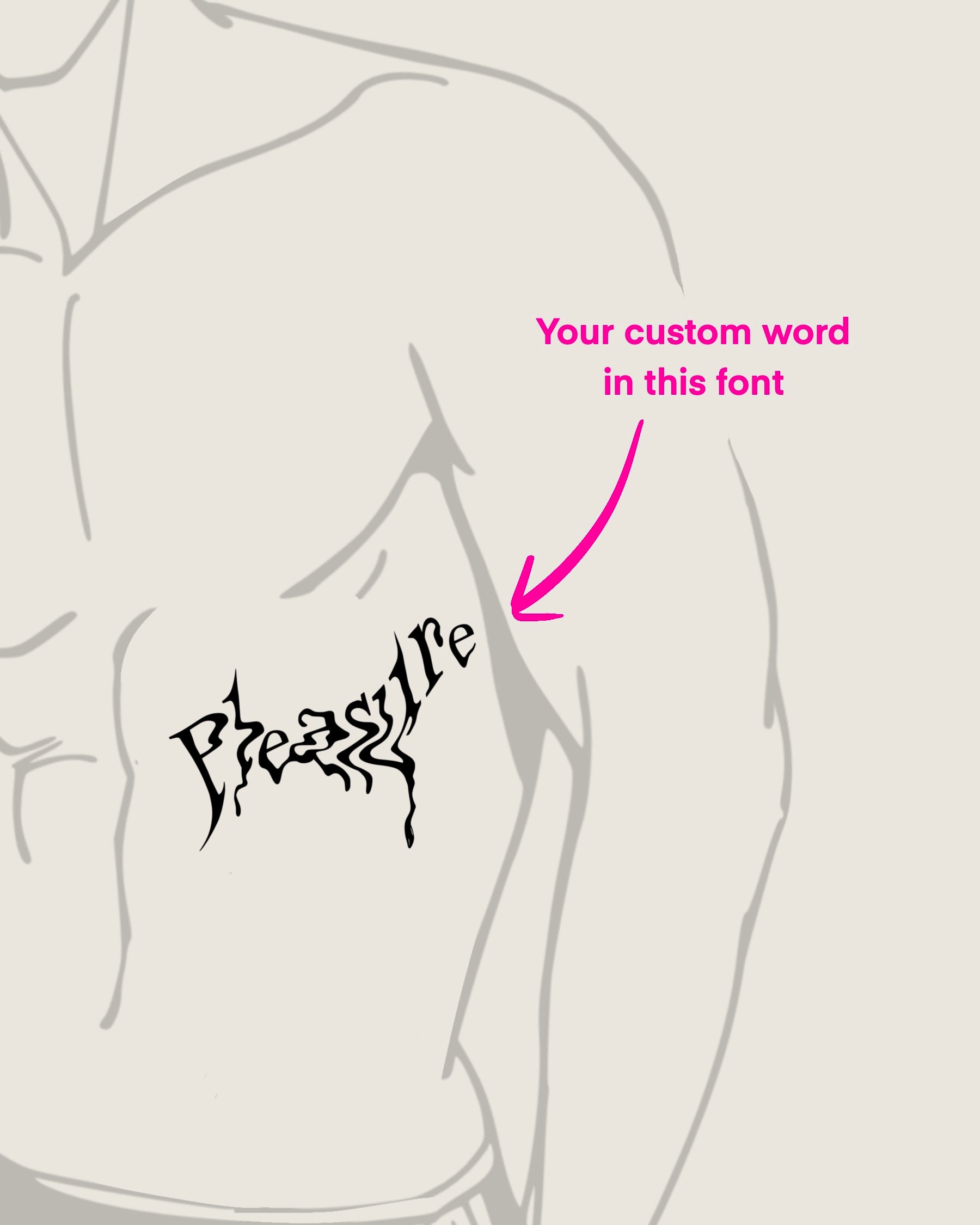 Side rib tattoo mockup with liquid “Pleasure” lettering, dark trippy stencil design preview for men, customizable with your word or phrase.