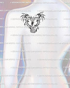 Small twin dragons heart tattoo stencil shown on back shoulder placement, tribal wings outlined minimal design digital art view. 