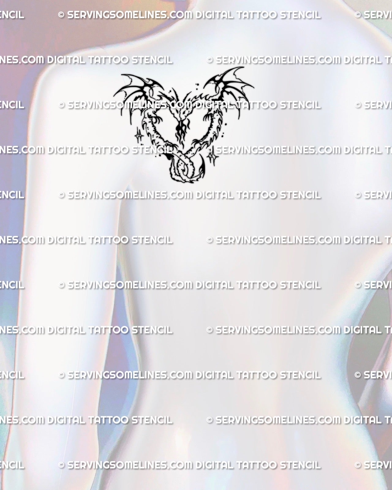 Small twin dragons heart tattoo stencil shown on back shoulder placement, tribal wings outlined minimal design digital art view. 