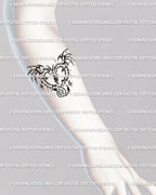 Forearm placement of twin dragons tattoo forming a heart with abstract tribal wings, minimalist cybersigilism stencil digital download.