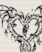 Twin dragons heart tattoo stencil in clean minimal line art with tribal wings and spark accents, digital outline design close-up view. 