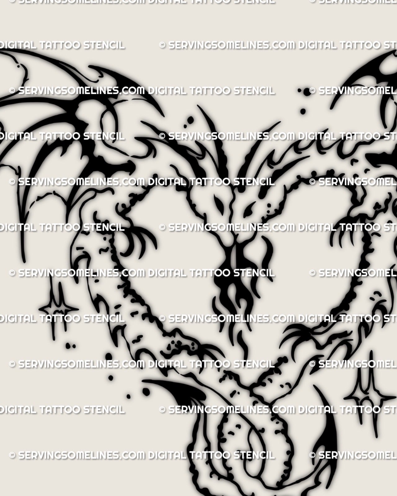 Twin dragons heart tattoo stencil in clean minimal line art with tribal wings and spark accents, digital outline design close-up view. 