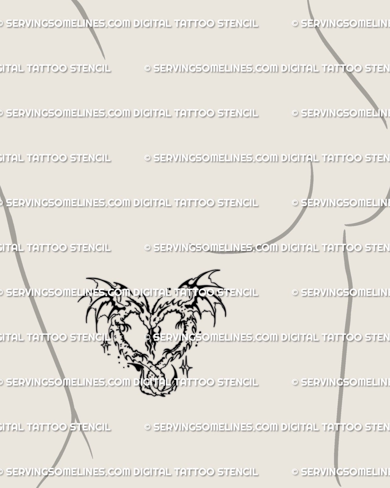 Side ribs placement showing feminine twin dragons heart tattoo stencil with small tribal wings, minimal outline digital design idea.