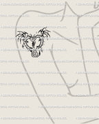 Feminine upper arm and shoulder placement showing two dragons forming heart shape tattoo with tribal wings digital stencil preview. 