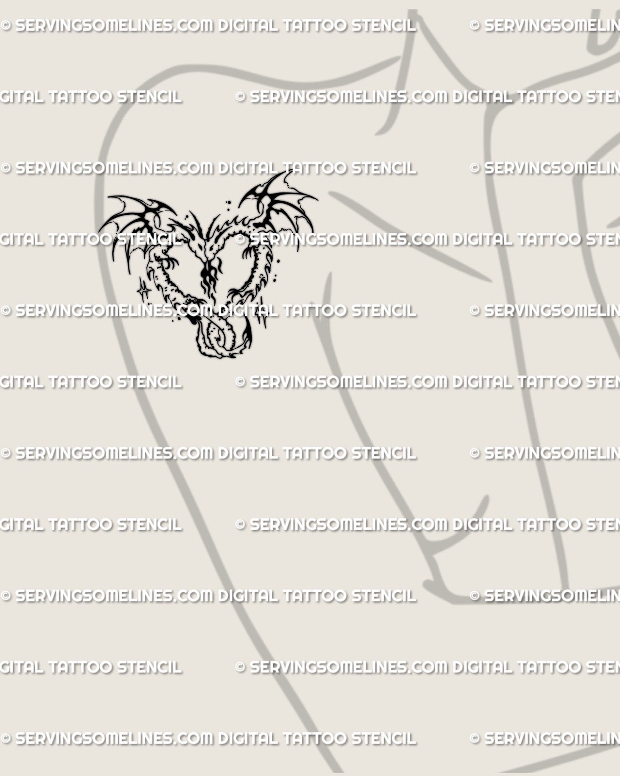 Feminine upper arm and shoulder placement showing two dragons forming heart shape tattoo with tribal wings digital stencil preview. 