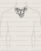 Men’s back of neck tattoo display of twin dragons heart design with tribal wings, digital stencil linework art minimalist outline. 