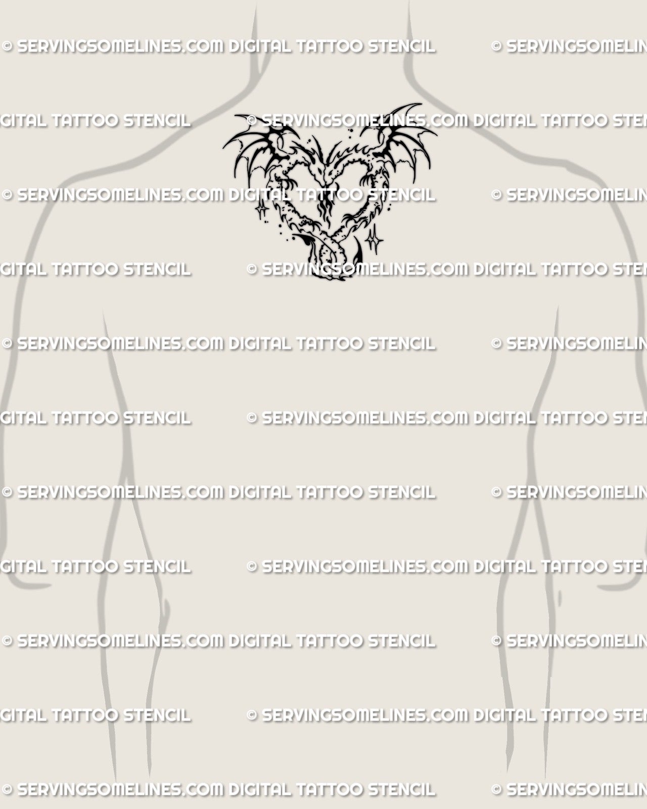 Men’s back of neck tattoo display of twin dragons heart design with tribal wings, digital stencil linework art minimalist outline. 