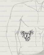 Men’s side stomach placement showing heart-shaped twin dragons tattoo stencil with neotribal wings and small flame detail preview. 