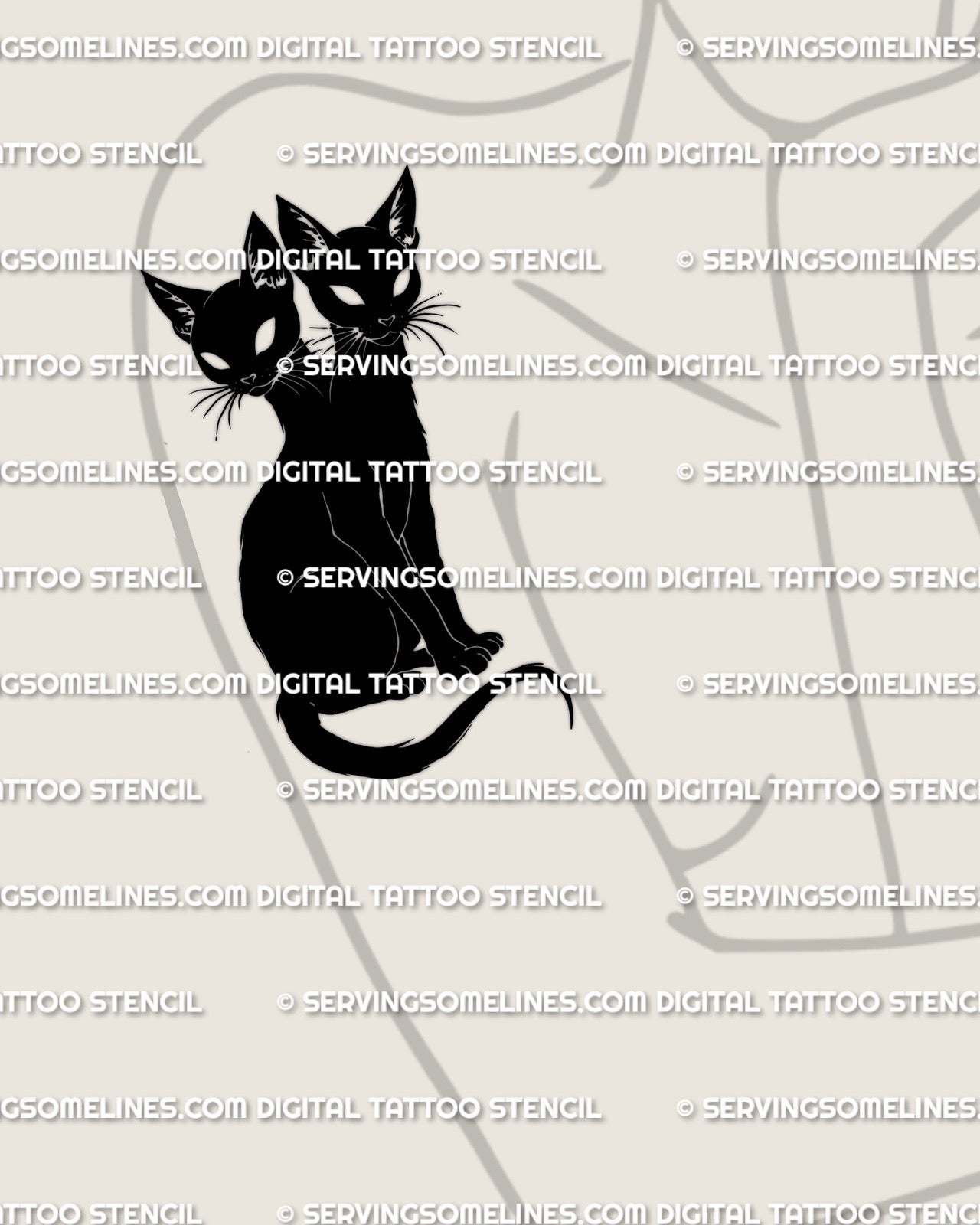 Two headed black cat tattoo stencil shown on womens upper arm placement example, bold cat silhouette design, printable stencil download.