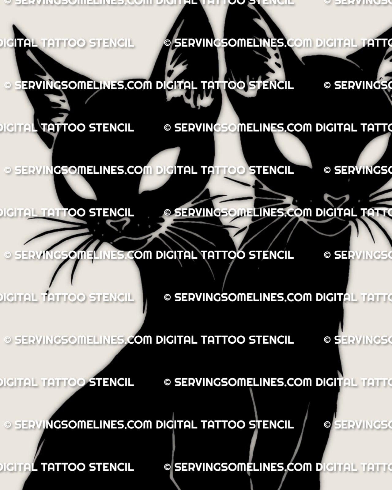 Close view of two headed cat tattoo stencil linework, clean silhouette edges for crisp transfer, downloadable tattoo stencil files.