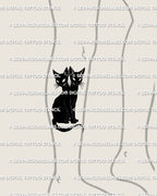 Two headed cat tattoo stencil shown on calf placement example, weirdcore black cat silhouette, instant digital download for stencil printing.