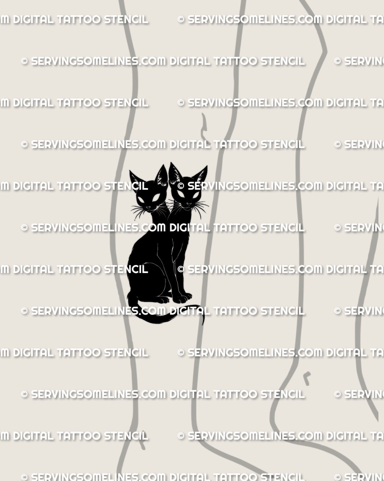 Two headed cat tattoo stencil shown on calf placement example, weirdcore black cat silhouette, instant digital download for stencil printing.