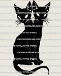 Two headed cat tattoo stencil design download, black cat silhouette with two heads and one body, printable PNG JPG PDF files.