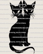 Two headed cat tattoo stencil design download, black cat silhouette with two heads and one body, printable PNG JPG PDF files.
