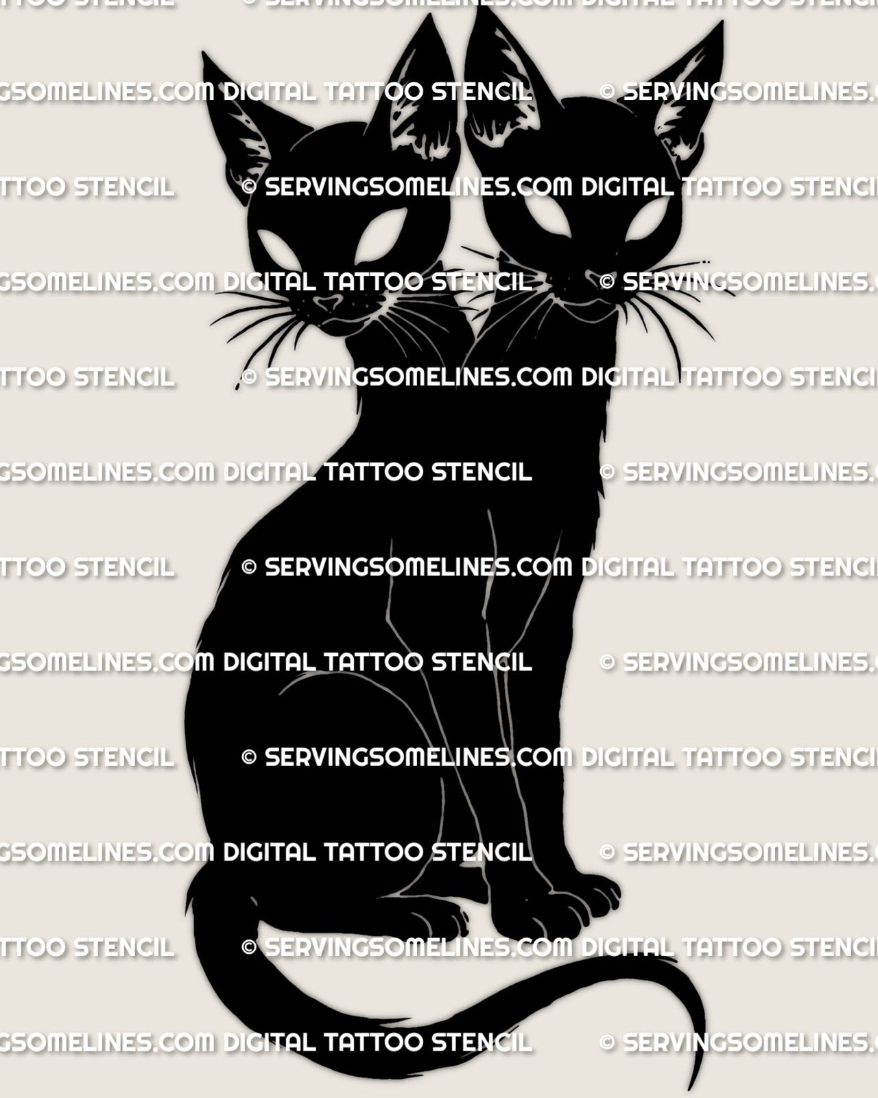 Two headed cat tattoo stencil design download, black cat silhouette with two heads and one body, printable PNG JPG PDF files.
