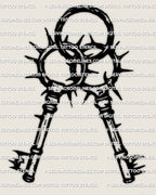 Gothic two keys tattoo design with thorned rings, paired keys angled outward, high contrast lines for stencil printing.