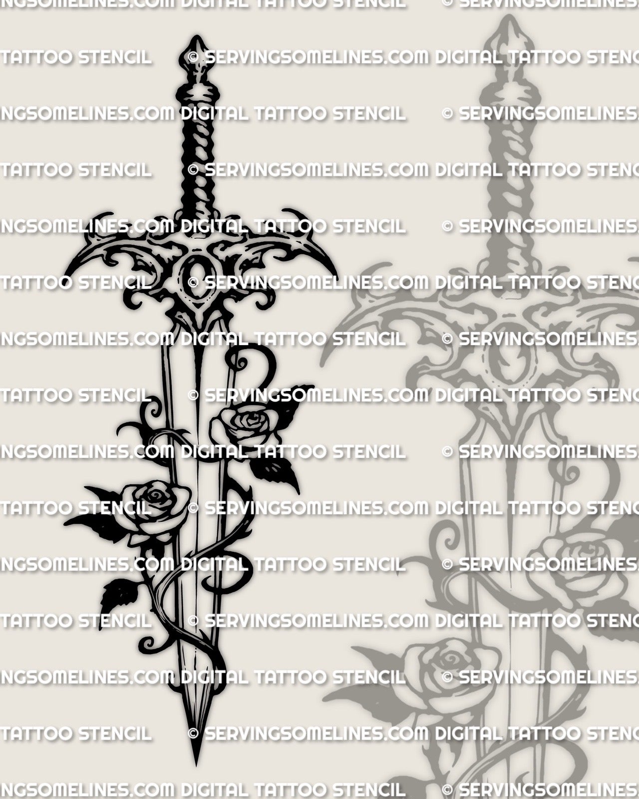 Two rose dagger tattoo stencil design with vine wrapped around the blade and a clear vertical dagger silhouette