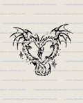 Digital tattoo stencil of two small dragons forming a heart with neotribal wings and spark details, minimal line art design preview. 