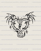 Digital tattoo stencil of two small dragons forming a heart with neotribal wings and spark details, minimal line art design preview. 