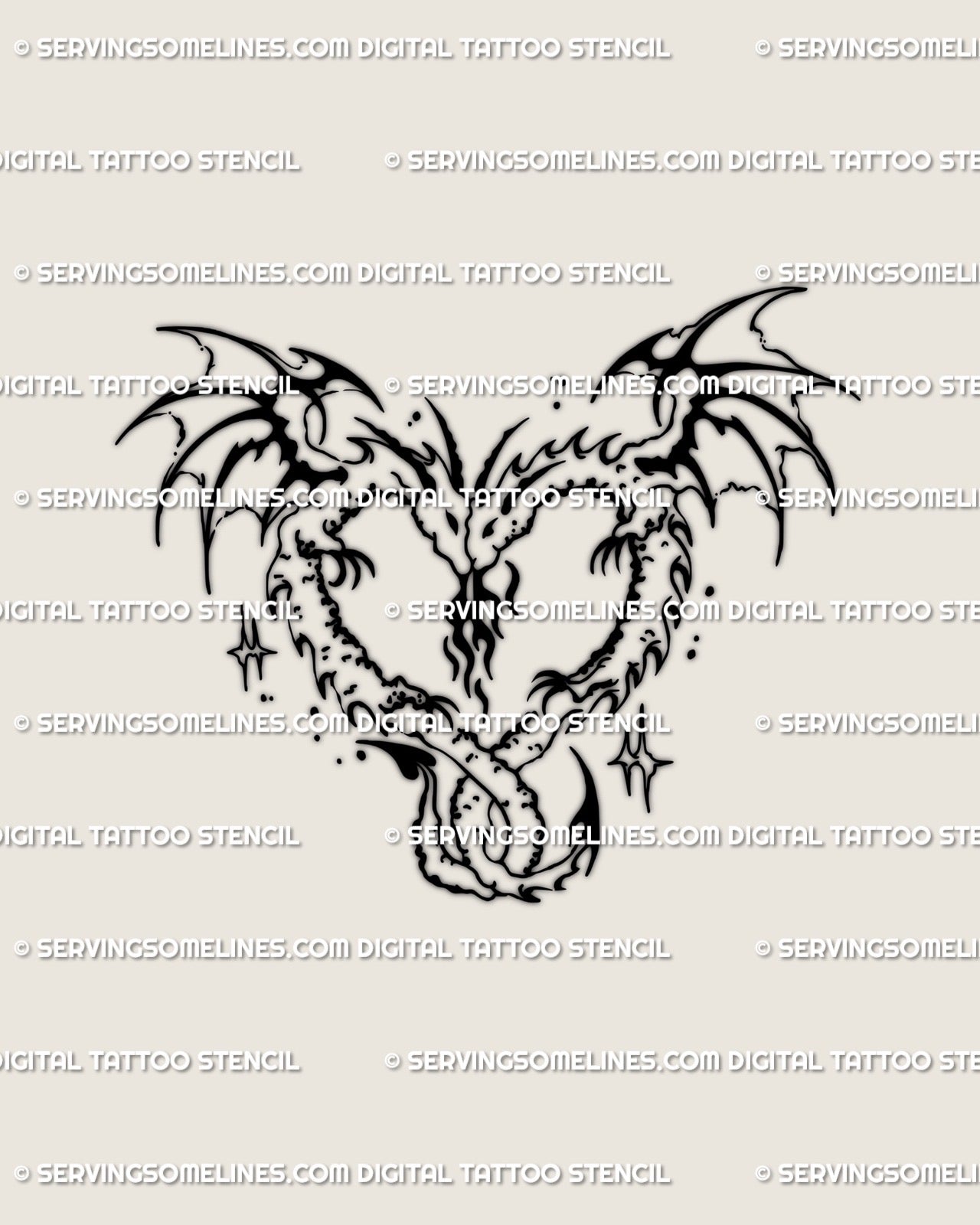 Digital tattoo stencil of two small dragons forming a heart with neotribal wings and spark details, minimal line art design preview. 