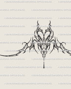 Digital tattoo stencil preview of an under-breast heart design, elegant ornamental linework shaped to follow the sternum curves naturally.