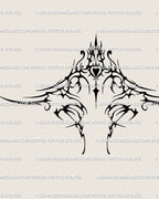 Neo-tribal under-breast tattoo stencil with ornamental heart center and spiky symmetrical lines, digital blackwork art preview.