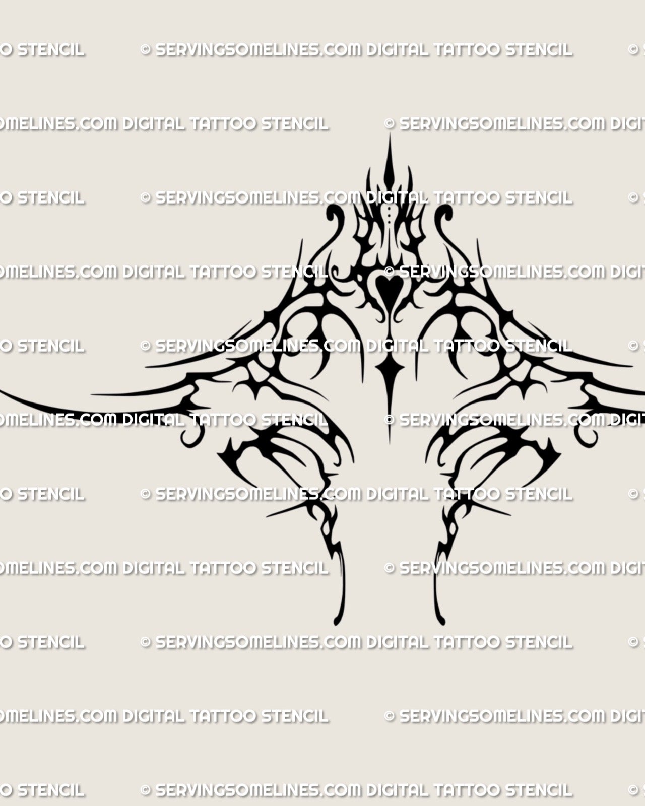 Neo-tribal under-breast tattoo stencil with ornamental heart center and spiky symmetrical lines, digital blackwork art preview.