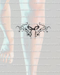 Under knee bow tattoo stencil shown on leg placement preview, centered dark bow design with digital stencil download files.
