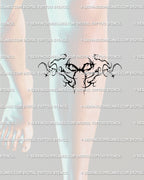 Under knee bow tattoo stencil shown on leg placement preview, centered dark bow design with digital stencil download files.