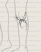 Cybersigilism butterfly wings tattoo under the knee, abstract heart stencil design for minimal blackwork leg tattoo ideas. 