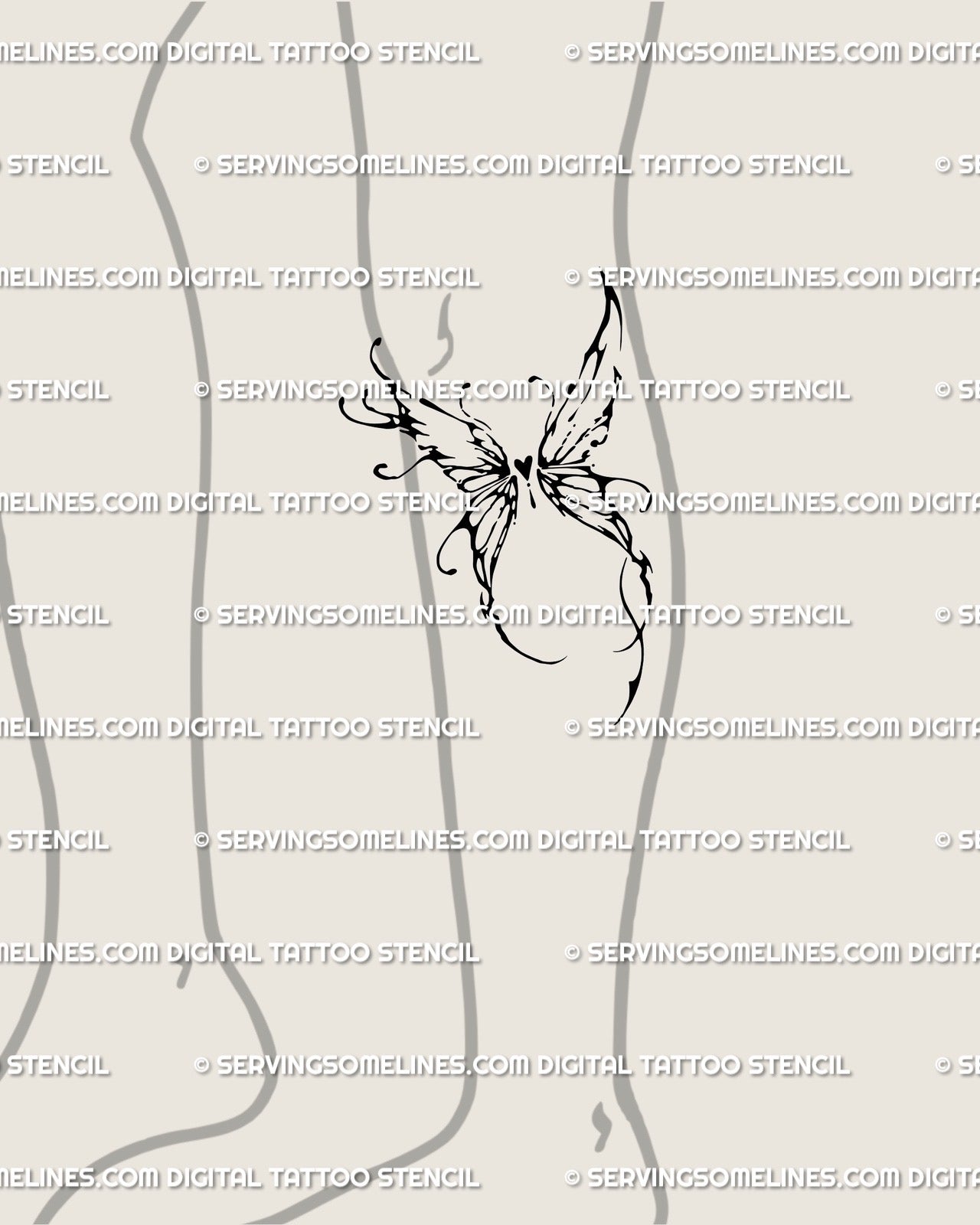 Cybersigilism butterfly wings tattoo under the knee, abstract heart stencil design for minimal blackwork leg tattoo ideas. 