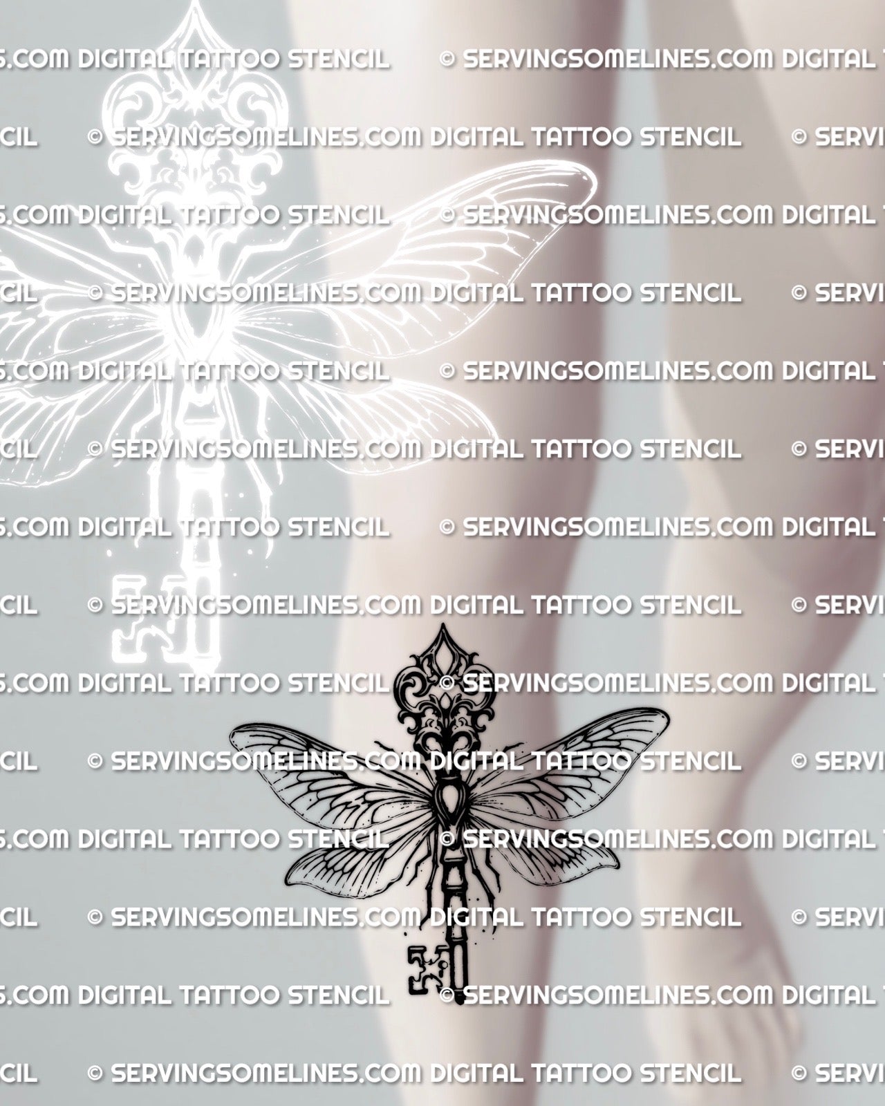 Dragonfly key tattoo stencil displayed on under knee placement, vertical key with dragonfly wings and antique crest in gothic style.
