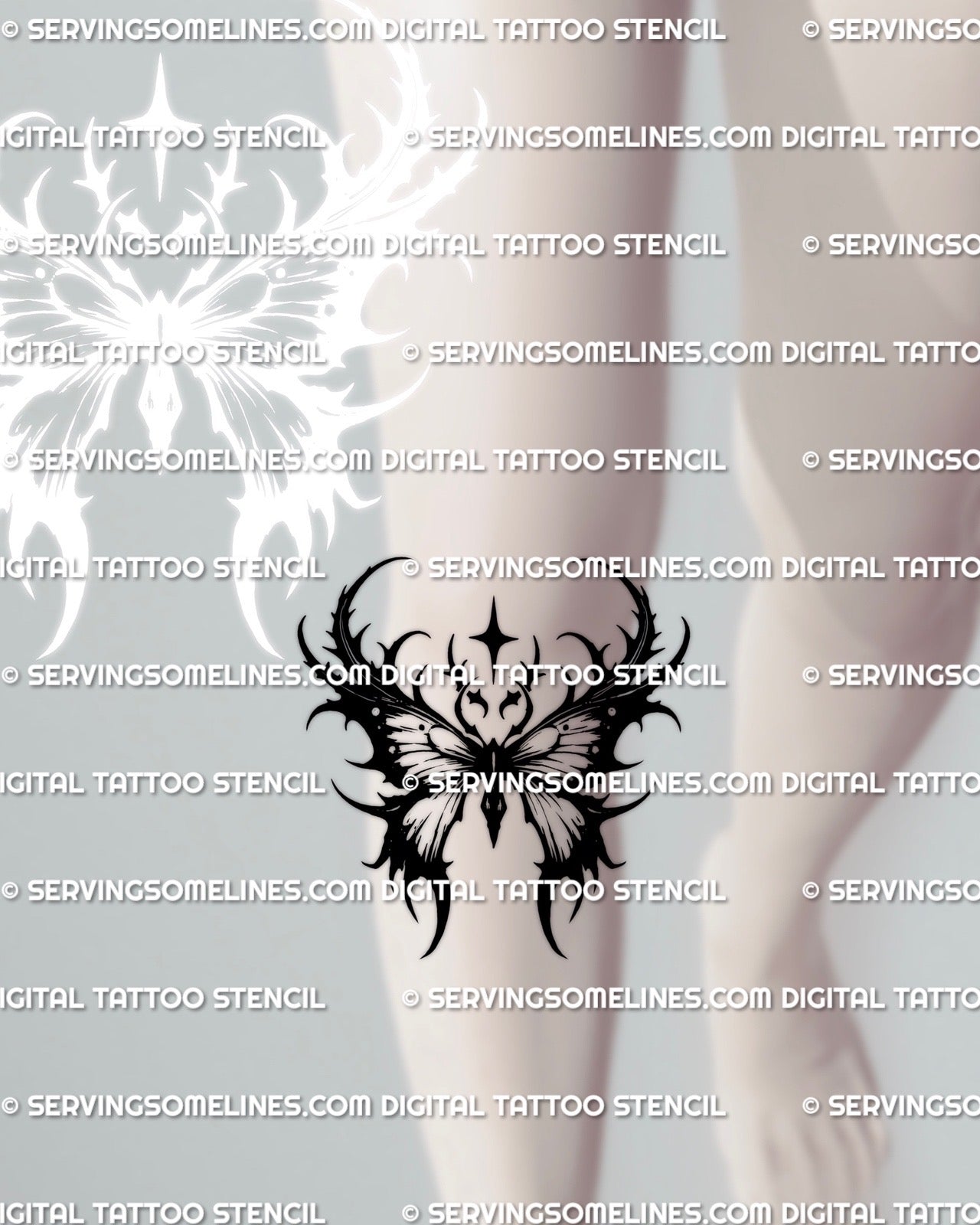 Gothic winged moth tattoo stencil placed under the knee, demonstrating how the wing shape adapts to curved leg anatomy.