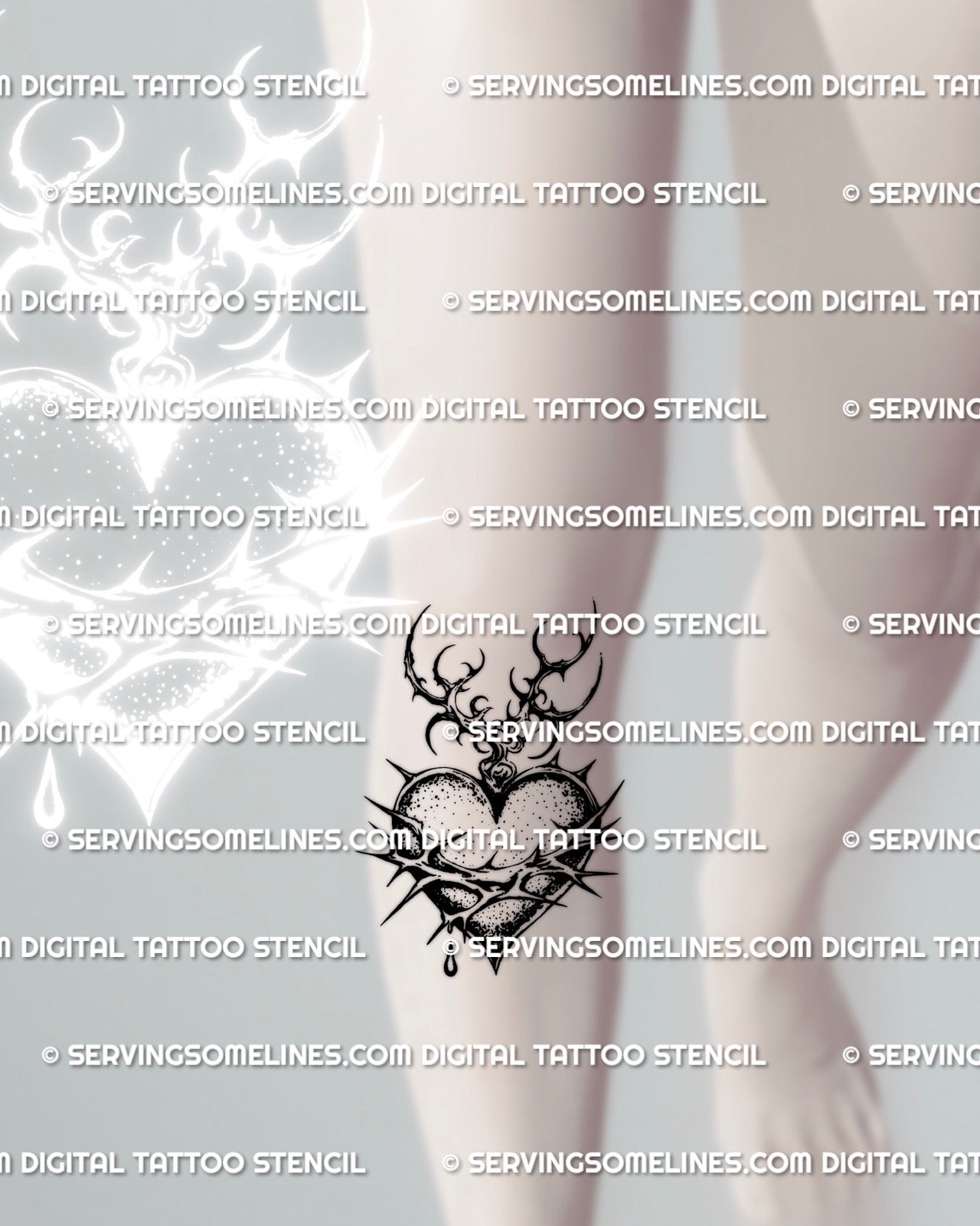 Under-knee placement example, thorn-wrapped sacred heart with barbed wire and flame tips, compact dark heart motif