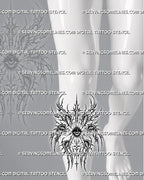 Under-knee shin cybersigilism seraphim tattoo stencil preview with central eye, wing eyes, and sharp lower leg flow