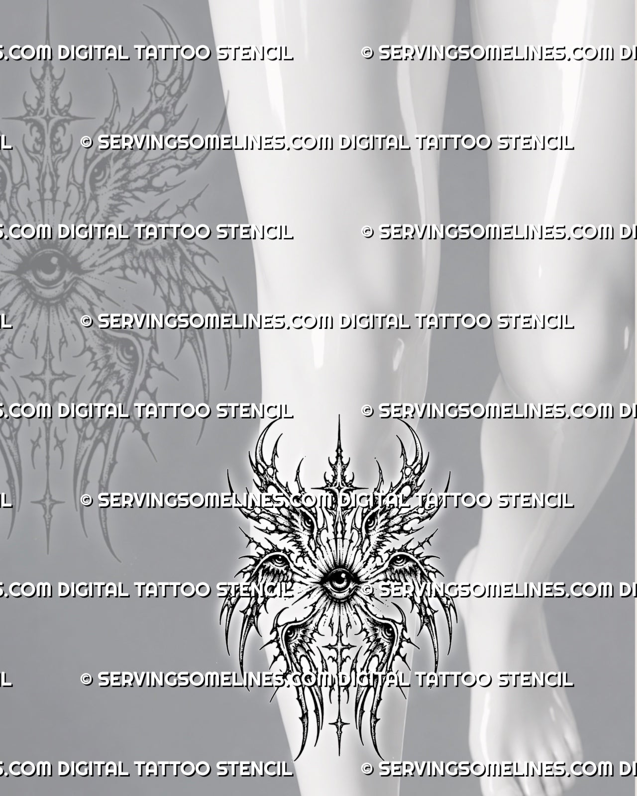 Under-knee shin cybersigilism seraphim tattoo stencil preview with central eye, wing eyes, and sharp lower leg flow