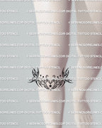 tattoo mockup placed under the knee showing a butterfly tribal heart design with small star accents and soft cyber tribal lines
