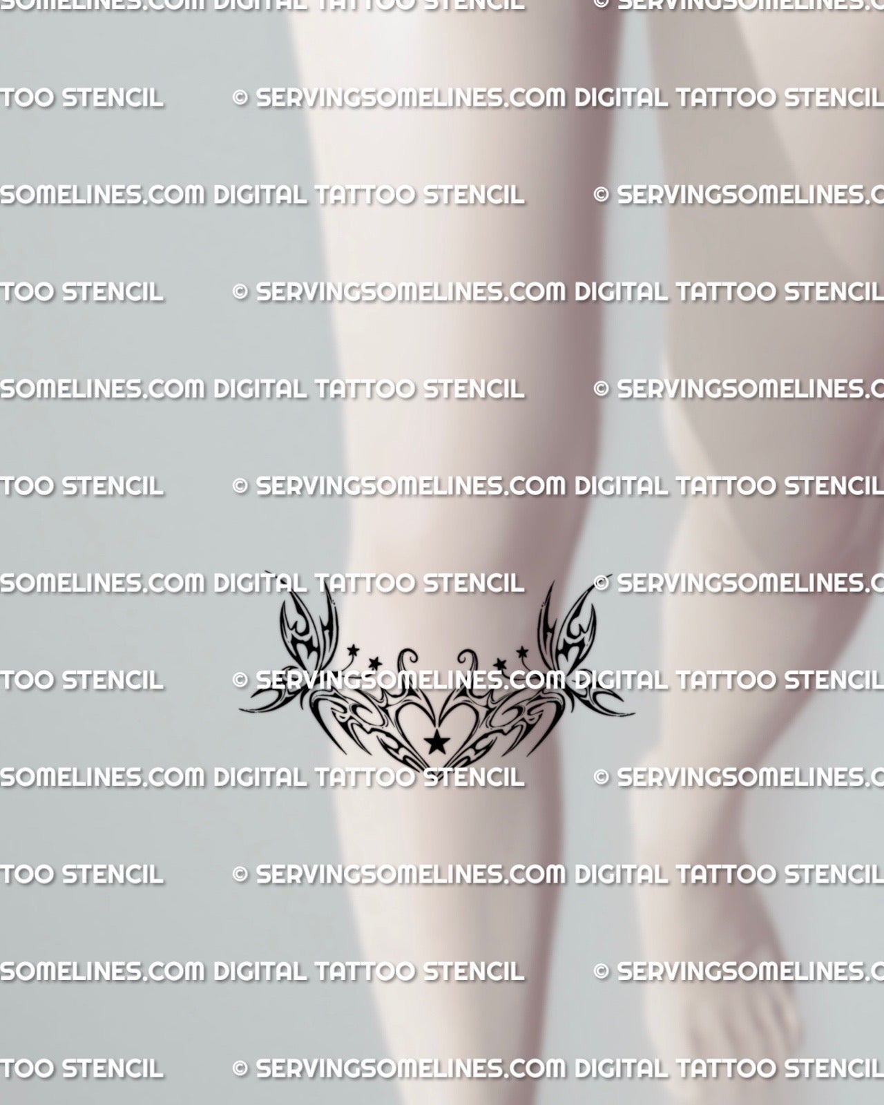 tattoo mockup placed under the knee showing a butterfly tribal heart design with small star accents and soft cyber tribal lines
