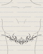 womens underbreast mockup showing a chrome tribal chestpiece with metal edged curves forming a strong cyber blade shape under the bust