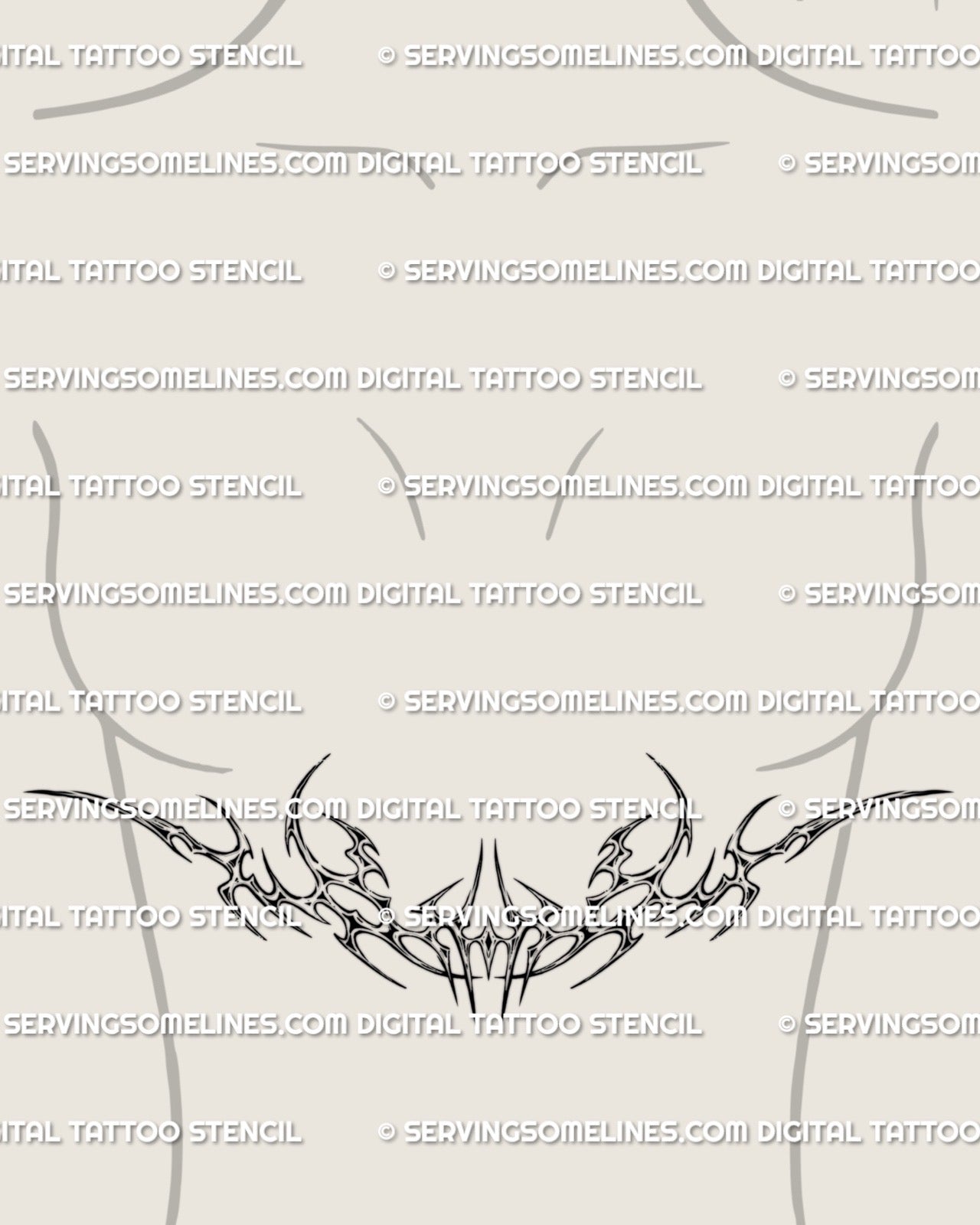 womens underbreast mockup showing a chrome tribal chestpiece with metal edged curves forming a strong cyber blade shape under the bust