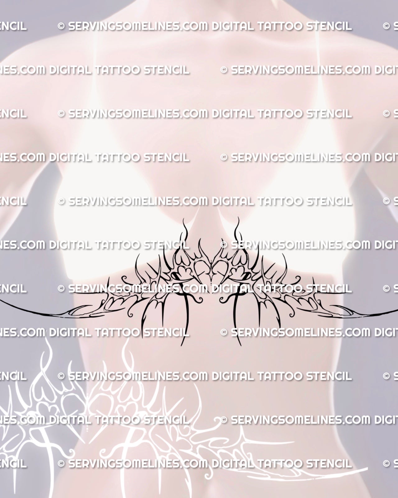 woman displaying an underbreast heart band tattoo stencil with ornamental baroque spikes and soft cybersigil flow along the lower chest