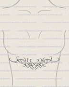 Neotribal heart tattoo stencil shown on women’s underbreast placement, elegant curved cyber-tribal chestpiece feminine linework