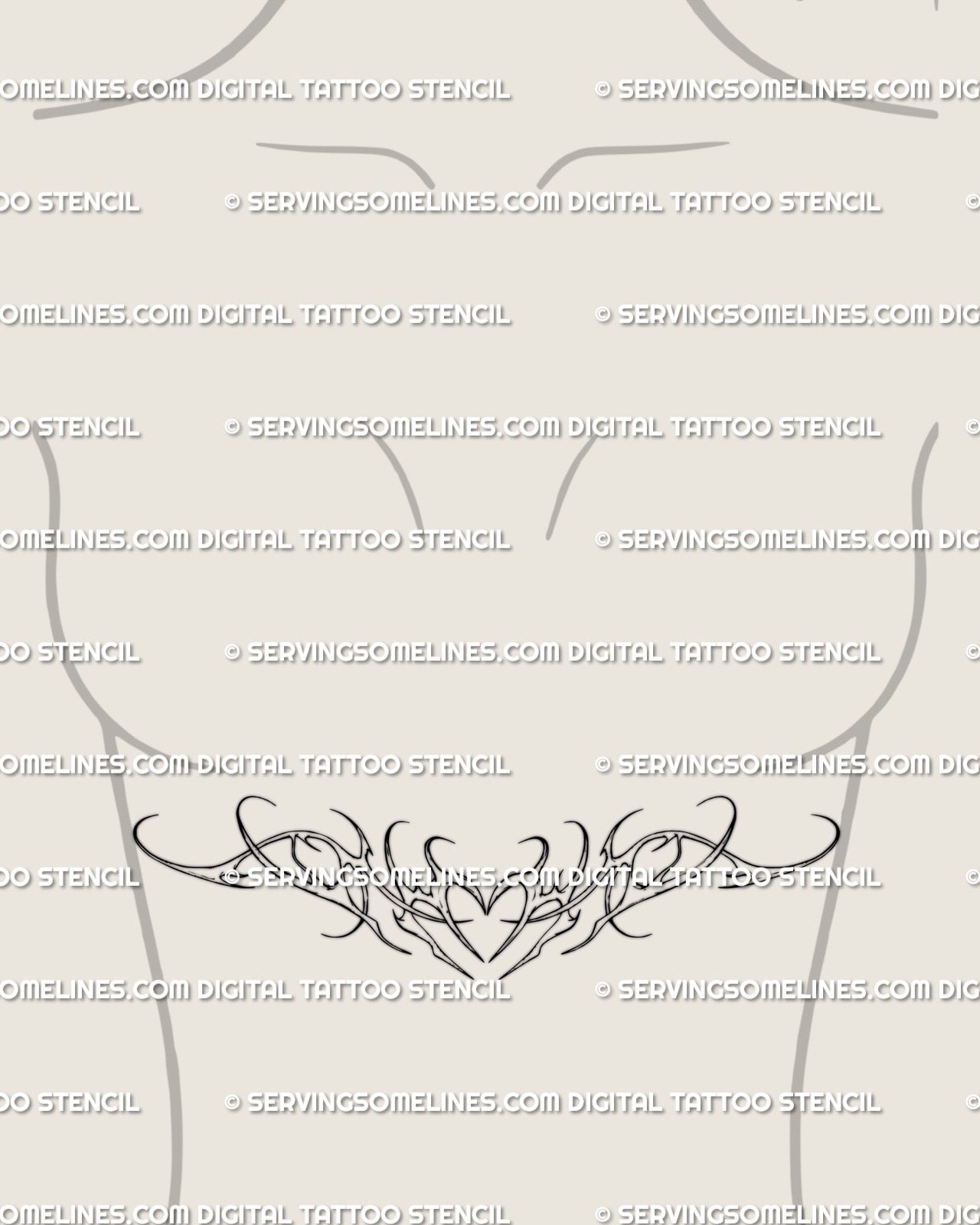 Neotribal heart tattoo stencil shown on women’s underbreast placement, elegant curved cyber-tribal chestpiece feminine linework