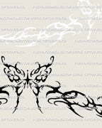 Close up of butterfly underbust tattoo stencil with cyber sigil and neotribal lines, showing rib contour and sternum framing detail.
